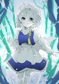 absurdres bloomers blue_dress blue_eyes cape commentary_request dress hat highres kuromaru_ira lapel_pin letty_whiterock narrow_waist snow socks solo touhou underwear white_cape white_dress white_hair white_hat white_socks