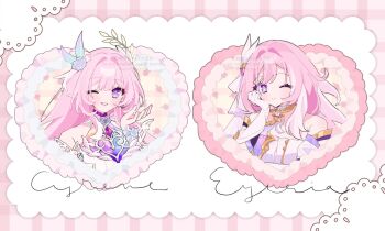 Rule 34 | 2girls, ;), bare shoulders, breasts, character name, commentary request, company connection, corset, cyrene (demiurge) (honkai: star rail), cyrene (honkai: star rail), diamond-shaped pupils, diamond (shape), dress, elysia (herrscher of human: ego) (honkai impact), elysia (honkai impact), flower, gloves, hair flower, hair ornament, highres, honkai: star rail, honkai (series), honkai impact 3rd, inoue marina, kanaria (mint tea1256), large breasts, long hair, looking at viewer, multicolored hair, multiple girls, one eye closed, pink hair, pointy ears, purple eyes, smile, symbol-shaped pupils, two-tone hair, very long hair, voice actor connection, white corset, white dress, white gloves, white hair, yanning