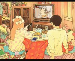 1boy 1girl absurdly_detailed_composition animated arm_support artist_name book bookshelf bow brown_hair cable cellphone collared_shirt controller cup curtains cushion english_text figure food from_behind hair_bow hand_up hatsune_miku heart hello_kitty hello_kitty_(character) holding holding_remote_control indoors inuyasha iphone kettle kotatsu loaded_interior long_hair long_sleeves molcar my_melody onegai_my_melody orange_hair original oversized_clothes pajamas phone plate polka_dot polka_dot_shirt power_strip pui_pui_molcar remote_control ring_411 sanrio sesshoumaru shiromo_(pui_pui_molcar) shirt short_hair signature sitting slice_of_life smartphone star_(symbol) sticker table television twitter_username unworn_clothes video vocaloid watching_television white_bow white_shirt window