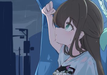 1girl :o absurdres airi_(band)_(blue_archive) airi_(blue_archive) arm_up blue_archive bow breasts brown_hair city cloud cloudy_sky collarbone commentary from_side green_bow green_eyes green_halo hair_between_eyes hair_bow halo highres light_blush logo_print long_hair looking_afar looking_up medium_breasts official_alternate_costume open_mouth parted_lips portrait power_lines print_shirt rain shirt sky solo straight_hair t-shirt utility_pole water_drop wet wet_clothes wet_shirt white_shirt wingcat