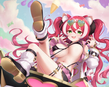 absurdres animal_ears black_bra bra breasts candy eyewear_on_head food fubuki_(princess_connect!) gplnbeat green_eyes heart heart-shaped_eyewear highres large_breasts long_hair miniskirt nail_polish navel oppai_loli princess_connect! red_hair sitting skirt twintails unaligned_breasts underwear
