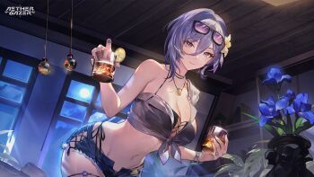 1girl aether_gazer artist_request blue_flower blue_shorts breasts character_request cleavage closed_mouth collarbone cup earrings eyewear_on_head flower food fruit full_moon hair_between_eyes hair_flower hair_ornament highres holding holding_cup jewelry lemon lemon_slice moon navel official_art open_fly purple_eyes purple_hair shirt short_shorts shorts solo stomach tied_shirt veiled_sword_(aether_gazer) whistle whistle_around_neck window yellow_flower