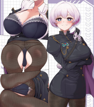 Rule 34 | + +, 1girl, ass, black bra, black cape, black panties, black pantyhose, bra, breasts, cameltoe, cape, colored inner hair, commentary request, gloves, goddess of victory: nikke, highres, large breasts, liliweiss (nikke), multicolored hair, multiple views, panties, panties under pantyhose, pantyhose, purple cape, purple hair, shiny eyes, short hair, side cape, smile, solo, star-shaped pupils, star (symbol), symbol-shaped pupils, tatehiza makura, torn clothes, torn pantyhose, two-tone cape, two-tone hair, underwear, white gloves, white hair