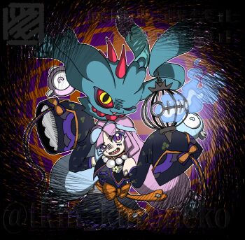 1girl alternate_color blue_hair chandelure detached_sleeves flutter_mane gen_5_pokemon highres iono_(fall_2024)_(pokemon) iono_(pokemon) long_hair looking_at_viewer multicolored_hair nintendo official_alternate_costume one_eye_closed pink_hair pokemon pokemon_(creature) pokemon_masters_ex sharp_teeth sleeves_past_fingers sleeves_past_wrists teeth tkm_kuroneko twitter_username two-tone_hair very_long_hair watermark