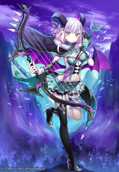 1girl 90kyuuri arrow_(projectile) black_garter_straps black_shoes black_thighhighs bow_(weapon) copyright_notice demon_girl demon_horns demon_wings frilled_skirt frills garter_straps gloves green_gloves green_shirt green_skirt grey_hair high_heels highres holding holding_arrow holding_bow_(weapon) holding_weapon horns leraje_(wixoss) looking_at_viewer medium_hair multicolored_hair official_art purple_hair shirt shoes skirt solo streaked_hair thighhighs weapon wings wixoss yellow_eyes