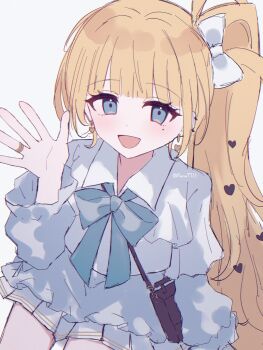 1girl :d black_bag black_bow blonde_hair blue_eyes blue_ribbon blunt_bangs book_off bow collared_shirt commentary_request cowboy_shot earrings hair_bow hand_up heart heart_earrings highres jewelry long_hair long_sleeves looking_at_viewer mahou_shoujo_no_majo_saiban mole mole_under_eye neck_ribbon official_alternate_costume open_hand open_mouth pleated_skirt ribbon runa_(runa7733) saeki_miria shirt simple_background sitting skirt smile solo white_shirt white_skirt