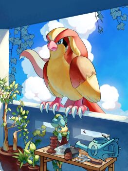 Rule 34 | 2others, alternate color, cloud, dirt, flower pot, fomantis, gen 1 pokemon, gen 7 pokemon, highres, holding, holding trowel, horsea, multiple others, nintendo, no humans, p9kfxaofqi54546, perching, pidgeot, plant, plant monster, pokemon, pokemon (creature), potted plant, shiny pokemon, sky, soil, table, tree, trowel, vines, watering can