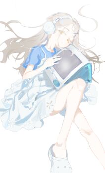 1girl absurdres apple_inc. blonde_hair blue_shirt closed_mouth colored_eyelashes commentary_request contrast_(idolmaster) dress gakuen_idolmaster hair_ornament hair_spread_out headphones highres hugging_object idolmaster imac imac_g3 knee_up long_hair looking_at_viewer lying on_side orange_eyes parted_bangs pinafore_dress shinosawa_hiro shirt shoes short_dress simple_background sleeveless sleeveless_dress t-shirt utsusemi_1024 white_background white_dress white_shoes x_hair_ornament