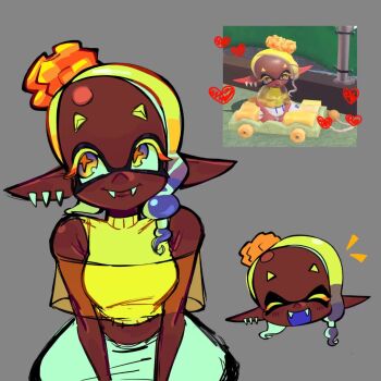 1girl baggy_pants blonde_hair dark-skinned_female dark_skin fangs frye_(deep_cut_outfit)_(splatoon) frye_(splatoon) game_screenshot hair_bun highres inkling_girl inkling_player_character invadrcat loose_clothes multicolored_hair nintendo pants pointy_ears shirt shorts sleeveless sleeveless_shirt smile splatoon_(series) splatoon_3 squid_girl turtleneck white_pants yellow_shirt