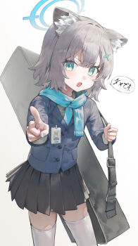 1girl absurdres animal_ear_fluff animal_ears black_skirt blue_archive blue_halo blue_jacket blue_scarf blush commentary_request cross_hair_ornament hair_ornament halo highres id_card jacket korean_commentary long_sleeves looking_at_viewer merong_(sou47897) mismatched_pupils open_mouth pleated_skirt pointy_ears scarf shiroko_(blue_archive) shiroko_(young)_(blue_archive) short_hair simple_background skirt solo speech_bubble thighhighs translation_request white_background white_thighhighs wolf_ears wolf_girl