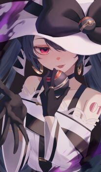 1girl amanegi_toro black_choker bow bracelet choker collarbone commentary_request dark_miku_(project_voltage) earrings eyelashes gloves hands_up hat hat_bow hatsune_miku highres holding holding_poke_ball jewelry long_hair luxury_ball nintendo off_shoulder parted_lips pink_eyes poke_ball pokemon project_voltage ring shoulder_tattoo smile solo sun_hat tattoo twintails vocaloid white_hat