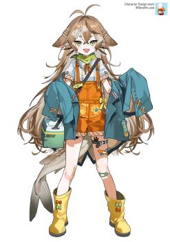1girl absurdres animal_ears antenna_hair bandaid bandaid_on_knee bandaid_on_leg bandaid_on_thigh bandana bandana_around_neck belt blue_jacket boots bow brown_hair brown_tail collar cowlick crossed_bangs double-parted_bangs droopy_ears fangs fins fish_tail flat_chest footwear_bow fox_ears frilled_collar frills full_body green_bandana green_eyes grey_hair hands_up highres jacket jacket_partially_removed legs_apart long_hair looking_at_viewer orange_overalls original overalls pale_skin paw_print puffy_short_sleeves puffy_sleeves rubber_boots seeshin_see shirt short_eyebrows short_sleeves sleeves_past_fingers sleeves_past_wrists solo spotted_hair standing tachi-e tackle_box tail thigh_belt thigh_strap very_long_hair whiskers white_shirt yellow_boots