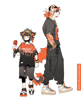 aak_(arknights) animal_ears arknights cat_ears cat_tail copyright_notice dog_ears dog_tail furry furry_male furry_with_furry handheld_electric_fan hands_in_pockets headband highres horns hung_(arknights) jewelry kuroblood looking_to_the_side male_focus mythological_creature necklace round_eyewear single_horn sunglasses tail white_background