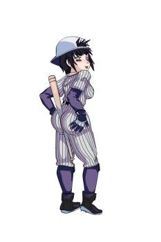 1girl ass baseball_bat baseball_cap baseball_uniform between_buttocks breasts hat holding holding_baseball_bat huge_ass hyuuga_hinata knee_pads light_smile looking_at_viewer looking_back makeup naruto_(series) short_hair solo spiked_hair sportswear thedarkvictim tongue tongue_out