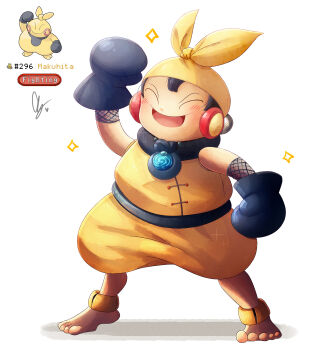 Rule 34 | :d, absurdres, anklet, bandana, black hair, blush, boxing gloves, closed eyes, creature and personification, endifi, facing viewer, full body, gen 3 pokemon, headphones, highres, jewelry, makuhita, nintendo, open mouth, personification, plump, pokemon, pokemon (creature), simple background, smile, solo, white background, yellow bandana
