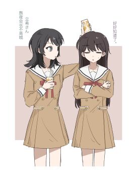 Rule 34 | 2girls, bang dream!, bang dream! it's mygo!!!!!, black hair, brown hair, chinese commentary, chinese text, commentary request, crossed arms, dress, drinking straw, hanasakigawa school uniform, highres, holding drink carton, kuang quanshui, long hair, medium hair, mole, mole under eye, multiple girls, open mouth, sailor collar, sailor dress, school uniform, shiina taki, sweatdrop, translated, white sailor collar, yahata umiri
