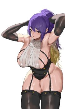 1girl armpits arms_behind_head black_gloves black_thighhighs blush breasts cowboy_shot curvy double-parted_bangs elbow_gloves gloves gradient_hair hair_between_eyes highres hololive hololive_indonesia large_breasts leaning_forward leotard long_hair looking_at_viewer moona_hoshinova mulhubs multicolored_hair narrow_waist parted_lips ponytail purple_eyes purple_hair shiny_skin simple_background solo thick_thighs thighhighs thighs virtual_youtuber white_background
