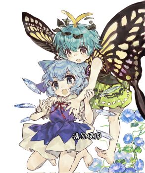 2girls :d aqua_hair bare_shoulders barefoot blue_bow blue_dress blue_eyes blue_hair blush bow butterfly_wings cirno dress eternity_larva fairy fang flower green_dress hand_on_another's_arm highres hug hug_from_behind ice ice_wings insect_wings multiple_girls open_mouth sayoko404 shirt short_sleeves skin_fang smile touhou two-tone_dress white_background white_shirt wings yellow_eyes