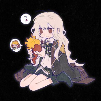 1boy 1girl black_background black_boots black_coat black_shorts black_vest blonde_hair boots coat coat_on_shoulders commentary_request don_quixote_(project_moon) highres la_manchaland's_don_quixote_(project_moon) limbus_company long_hair long_sleeves mini_person minigirl open_mouth project_moon red_eyes sancho_(project_moon) shirt short_hair shorts simple_background smile vest wavy_hair white_hair white_shirt yesheng_zong_ren