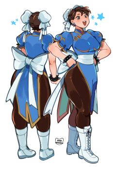1girl ankle_boots artist_logo blue_dress boots bracelet breasts brown_eyes brown_hair brown_pantyhose bun_cover capcom china_dress chinese_clothes chun-li clenched_hands commentary double_bun dress earrings english_commentary from_behind gold_trim hair_bun hands_on_own_thighs highres jewelry kamii_momoru large_breasts logo multiple_views muscular open_mouth outline pantyhose puffy_short_sleeves puffy_sleeves ribbon sash short_hair short_sleeves simple_background smile spiked_bracelet spikes star_(symbol) street_fighter teeth upper_teeth_only white_background white_boots white_outline white_ribbon white_sash