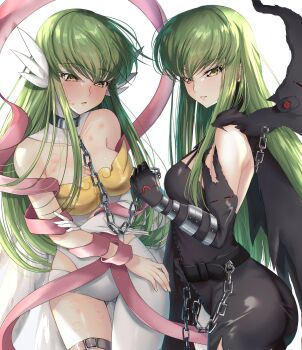 2girls absurdres angewomon angewomon_(cosplay) ass asymmetrical_clothes backlighting bare_shoulders belt bite_mark bite_mark_on_breast black_belt black_cloak black_dress black_gloves blush breasts buckle budgiepon c.c. chain chain_leash cleavage clenched_hand cloak code_geass commentary_request cosplay cowboy_shot digimon dress dual_persona elbow_gloves from_side geass gloves gluteal_fold holding_own_arm green_eyes green_hair hair_between_eyes hickey highres holding holding_leash ladydevimon ladydevimon_(cosplay) leash light_blush lips long_hair looking_at_viewer medium_breasts multiple_girls nose parted_lips ribbon sidelocks signature simple_background skin_tight smile straight_hair strapless strapless_dress thigh_gap tsurime very_long_hair white_background yellow_eyes