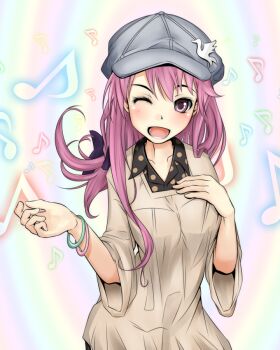 1girl alternate_eyebrows blush breasts newsboy_cap commentary_request grey_hat hair_between_eyes hands_up hat long_hair long_sleeves looking_at_viewer lower_teeth_only medium_breasts meigo_arisa mismatched_eyebrows musical_note one_eye_closed open_mouth pink_eyes pink_hair shin_(highest1192) smile solo teeth toaru_majutsu_no_index toaru_majutsu_no_index:_endymion_no_kiseki tongue upper_body