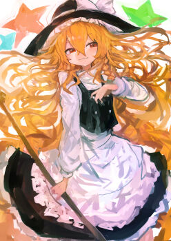 1girl :3 absurdres apron black_hat black_skirt black_vest blonde_hair bow braid broom brown_eyes buttons cowboy_shot floating_hair frills hand_on_own_chest hand_up hat highres holding holding_broom kaamin_(mariarose753) kirisame_marisa long_hair long_sleeves shirt side_braid simple_background skirt smug solo star_(symbol) touhou turtleneck turtleneck_shirt very_long_hair vest white_apron white_background white_bow white_shirt witch_hat