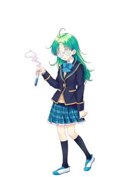 1girl black_socks blue_bow blue_bowtie blue_skirt bow bowtie cardigan coke-bottle_glasses full_body girlfriend_(kari) glasses green_hair jacket kneehighs official_art plaid_clothes plaid_skirt pleated_skirt qp:flapper school_uniform shirt shoes simple_background skirt socks solo standing test_tube thighs transparent_background uwabaki white_shirt yellow_cardigan yukawa_kise