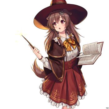 Rule 34 | 1girl, :o, absurdres, alternate headwear, animal ears, artist name, blush, bone hair ornament, book, bow, bowtie, brown cape, brown capelet, brown eyes, brown hair, brown tail, cape, capelet, center frills, commentary request, cowboy shot, dated, dog ears, dog girl, dog tail, double-parted bangs, extra ears, frilled shirt, frilled shirt collar, frilled skirt, frills, grimoire, hair between eyes, hair ornament, hairclip, hat, high-waist skirt, highres, holding, holding book, holding wand, hololive, inugami korone, inugami korone (street), long hair, long sleeves, looking afar, looking to the side, medium skirt, open mouth, parallel hairclips, paw brooch, plaid bow, plaid bowtie, plaid clothes, raised eyebrows, red hat, red skirt, shirt, signature, simple background, skirt, solo, tail, transparent background, traveler (artbbt), virtual youtuber, wand, white shirt, witch, witch hat, yellow bow, yellow bowtie
