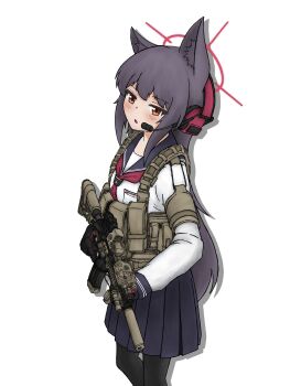 absurdres animal_ear_fluff animal_ears black_gloves black_pantyhose black_skirt blue_archive blush bulletproof_vest commentary_request eotech fox_ears fox_girl fox_platoon_(blue_archive) gloves grey_hair gun halo headphones highres holding holding_gun holding_weapon long_hair neckerchief otogichan_hshs pantyhose red_eyes red_halo red_neckerchief shirt skirt suppressor weapon white_shirt yukino_(blue_archive)