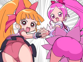 akazutsumi_momoko ass ass_focus bad_tag bare_legs bow cartoon_network cure_blossom earrings gloves hanasaki_tsubomi heartcatch_precure! hyper_blossom jewelry large_bow legs leotard loli long_hair looking_back magical_girl nyoki_naioki_(artist) orange_hair pantyhose pink_bow pink_eyes pink_hair pink_leotard pink_skirt pink_vest ponytail powerpuff_girls_z precure red_bow skirt smile superheroine_costume toei_company vest warner_bros.