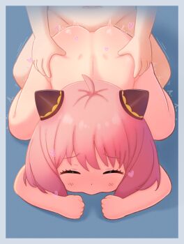 1boy 1girl ahoge all_fours anya_(spy_x_family) ass blush closed_eyes completely_nude doggystyle feet hairpods highres kodomo_doushi legs loli medium_hair navel nude pink_hair sex sex_from_behind shota smoog spy_x_family stomach thighs torso_grab trembling