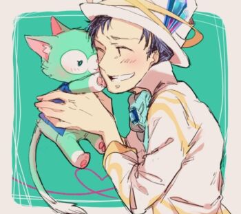 2boys animal_ears animification black_hair blue_eyes disneyland duffy_and_friends fashionable_easter furry furry_male gelatoni green_fur hat looking_at_viewer merumerumerume multiple_boys p.a._ocean_seamarine shirt short_hair smile stuffed_animal stuffed_toy top_hat