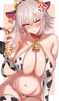 0nineo9 1girl absurdres ahoge anger_vein animal_ears animal_print bare_shoulders bell bikini blush bottle breasts cleavage collar cow_ears cow_horns cow_print cow_tail cowbell fake_animal_ears fake_horns fake_tail fate/grand_order fate_(series) grey_hair highres horns jeanne_d'arc_alter_(fate) large_breasts looking_at_viewer milk_bottle navel short_hair solo swimsuit tail white_bikini yellow_eyes