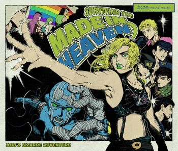 3girls 6+boys adjusting_clothes adjusting_headwear anchor_symbol battle_tendency black_hair blonde_hair braid braided_ponytail breasts bun_with_braided_base commentary_request copyright_name diamond_wa_kudakenai double_bun dreadlocks ermes_costello fingerless_gloves fishnet_top fishnets foo_fighters_(jojo) foreshortening gakuran giorno_giovanna gloves green_eyes green_hair green_nails green_scarf hair_bun hat higashikata_josuke highres jojo_no_kimyou_na_bouken jonathan_joestar joseph_joestar joseph_joestar_(young) kimeohandream kuujou_jolyne kuujou_joutarou long_hair multicolored_hair multiple_boys multiple_girls narciso_anasui no_navel phantom_blood pompadour scarf school_uniform second-party_source shirt short_hair small_breasts smile stand_(jojo) stardust_crusaders stone_free stone_ocean striped_clothes striped_shirt two-tone_hair vento_aureo weather_report