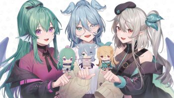 3girls beret black_headwear black_jacket black_neckerchief blonde_hair blue_eyes blue_hair blue_nails blue_wings brown_cardigan cardigan character_doll collared_shirt commentary cross-laced_clothes cross-laced_sleeves doll elira_pendora elira_pendora_(1st_costume) elira_pendora_(3rd_costume) fairy_wings fin_piercing finana_ryugu finana_ryugu_(1st_costume) finana_ryugu_(3rd_costume) fins fish_girl glasses green_hair grey_hair hair_ornament hairclip hat head_fins head_wings heterochromia highres jacket lazulight long_hair multiple_girls neckerchief nijisanji nijisanji_en official_alternate_hair_color official_alternate_hairstyle one_side_up open_cardigan open_clothes orange_eyes pointy_ears pomu_rainpuff pomu_rainpuff_(1st_costume) pomu_rainpuff_(3rd_costume) purple_eyes purple_shirt ribbed_cardigan ribbed_jacket round_eyewear sharp_teeth shirt smile symbol-only_commentary teeth turtleneck virtual_youtuber wenz wings x_hair_ornament