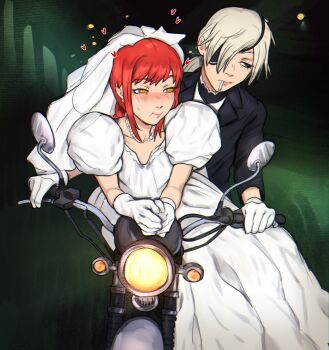 2girls @_@ abstract_background absurdres black_background black_suit blush bored bridal_veil bride chainsaw_man closed_mouth commentary dress english_commentary eyepatch female_focus formal_clothes gloves green_background groom heart highres jewelry kirtome lapels long_sleeves looking_to_the_side makima_(chainsaw_man) motor_vehicle motorcycle multiple_girls necklace nose_blush on_motorcycle pearl_necklace pout puffy_short_sleeves puffy_sleeves quanxi_(chainsaw_man) red_hair shirt short_hair short_sleeves sidelocks suit sweatdrop unlit_cigarette_in_mouth upper_body veil wedding_dress white_gloves white_hair white_shirt wife_and_wife yellow_eyes yuri