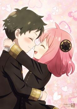 1boy 1girl ^_^ ahoge anya_(spy_x_family) arms_around_neck artist_name asukamama89 black_dress black_jacket blush brown_hair buttons child closed_eyes closed_mouth collared_shirt commentary damian_desmond dress eden_academy_school_uniform facing_another from_side gold_buttons gold_trim hairpods heart heart_background hetero highres holding_hands hug jacket long_sleeves medium_hair neck_ribbon open_mouth pink_background pink_hair red_ribbon ribbon school_uniform shirt short_hair sleeve_cuffs smile split_mouth spy_x_family teeth upper_body upper_teeth_only white_shirt