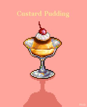 artist_name cherry food food_focus food_name fruit no_humans original pink_background pixel_art pudding shadow whipped_cream yuuki_mokuya