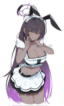 1girl animal_ear_hairband animal_ears black_hair blue_archive blush breasts choker cleavage collarbone dark-skinned_female dark_skin fake_animal_ears frilled_shirt frilled_skirt frills hair_between_eyes hairband halo hand_on_own_head highres jjigong_chigon karin_(blue_archive) large_breasts long_hair looking_at_viewer maid_headdress midriff navel puffy_short_sleeves puffy_sleeves purple_hair purple_halo rabbit_ear_hairband rabbit_ears shirt short_sleeves skirt smile solo thighs very_long_hair white_shirt white_skirt yellow_eyes