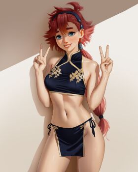 1girl absurdres alternate_costume asymmetrical_bangs bare_shoulders blue_eyes blue_hairband blue_shirt blush breasts commentary cowboy_shot cropped_shirt double_v english_commentary gundam gundam_suisei_no_majo hairband hands_up highres josival lips long_hair looking_at_viewer low_ponytail navel no_panties pelvic_curtain ponytail print_shirt red_hair shirt sleeveless sleeveless_shirt small_breasts smile solo suletta_mercury teeth v