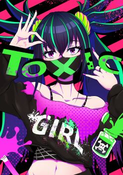 1girl absurdres black_hair black_shirt collarbone cropped_shirt crossed_bangs green_streaks hair_between_eyes hands_up highres jewelry karan_koron100 looking_at_viewer mask midriff mouth_mask multicolored_hair navel original paint_on_clothes paint_splatter pink_eyes poison ring shirt solo streaked_hair upper_body
