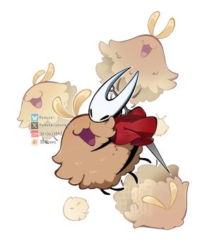 Rule 34 | 1girl, arthropod girl, artist name, black eyes, bluesky username, cloak, commentary, flea (hollow knight), fluffy, highres, hollow eyes, hollow knight, hollow knight: silksong, hornet (hollow knight), horns, hug, needle (hollow knight), open mouth, red cloak, smile, twitter username, watermark, youzaiyouzai112