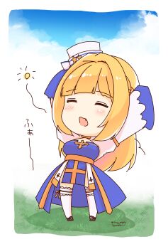 1girl arch_bishop_(ragnarok_online) arms_up black_shoes blue_dress blue_sky blush border bow breasts chibi chibi_only cleavage_cutout closed_eyes clothing_cutout cloud commentary_request cross day dress fishnet_thighhighs fishnets full_body grass hat hat_bow hat_ornament highres large_breasts long_hair long_sleeves open_mouth outdoors pillbox_hat ragnarok_masters ragnarok_online sakuraji_tomoka sash shoes sky solo squeans star_(symbol) star_hat_ornament thighhighs two-tone_dress white_border white_dress white_hat white_thighhighs wide_sleeves yawning yellow_sash