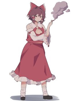 1girl absurdres ascot bare_shoulders bow brown_hair cigarette detached_sleeves frilled_bow frilled_hair_tubes frills full_body grimlisp hair_bow hair_tubes hakurei_reimu highres holding holding_cigarette loafers looking_at_viewer nontraditional_miko red_shirt red_skirt ribbon-trimmed_sleeves ribbon_trim shirt shoes short_hair simple_background skirt sleeveless sleeveless_shirt smoke smoking socks solo standing touhou white_background white_socks yellow_ascot