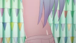 1girl animated artist_request back bare_arms bare_legs barefoot bedroom blue_hair eromanga_sensei feet female_focus flat_chest gradient_hair hair_over_breasts head_out_of_frame implied_nudity indoors izumi_sagiri legs_apart long_hair lower_body multicolored_hair navel no_bra nude purple_hair solo standing undressing video