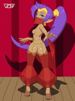 1girl absurdres anus ass blue_eyes breasts choker circlet dancing dark-skinned_female dark_skin donmarcino earrings half-closed_eyes harem_outfit harem_pants headpiece highres hoop_earrings jewelry long_hair looking_at_viewer looking_back mouth_veil nipples nude open_mouth pants pointy_ears ponytail purple_hair pussy red_pants see-through_clothes shantae shantae_(series) signature smile solo stage teeth tiptoes uncensored veil very_long_hair