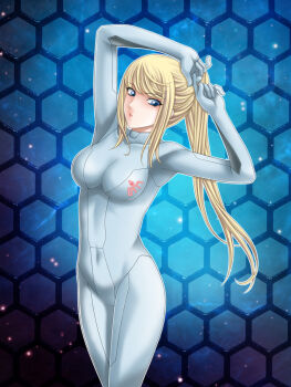 1girl armpits arms_up bad_id bad_pixiv_id blonde_hair blue_background blue_eyes bodysuit female_focus hexagon highres honeycomb_(pattern) honeycomb_background honeycomb_pattern long_hair metroid night night_sky nintendo ponytail samus_aran sky solo star_(sky) tamamon zero_suit
