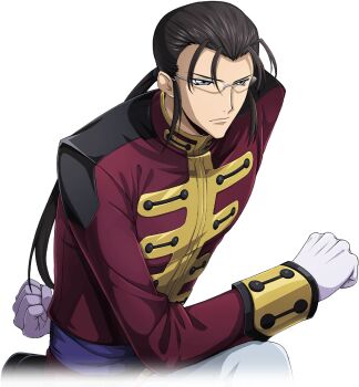 1boy arm_behind_back artist_request bangs_pinned_back black_hair black_shoes blue_eyes clenched_hands closed_mouth code_geass code_geass:_lost_stories forehead game_cg gilbert_g.p._guilford glasses gloves hair_tie jacket long_hair long_sleeves male_focus military_uniform non-web_source official_art on_one_knee pants ponytail red_jacket rimless_eyewear sash serious shoes sidelocks simple_background solo transparent_background white_gloves white_pants