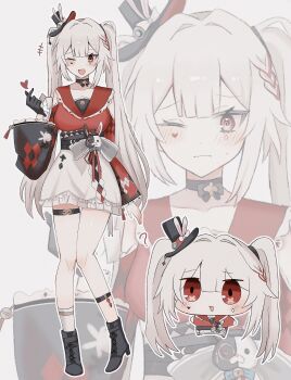 1girl black_choker black_gloves boots chibi choker commentary gloves hat highres honkai:_star_rail honkai_(series) long_hair multiple_views nemuii15_oo one_eye_closed open_mouth red_eyes sparkle_(honkai:_star_rail) sparxie_(honkai:_star_rail) thigh_strap top_hat twintails untranslatable_commentary white_hair